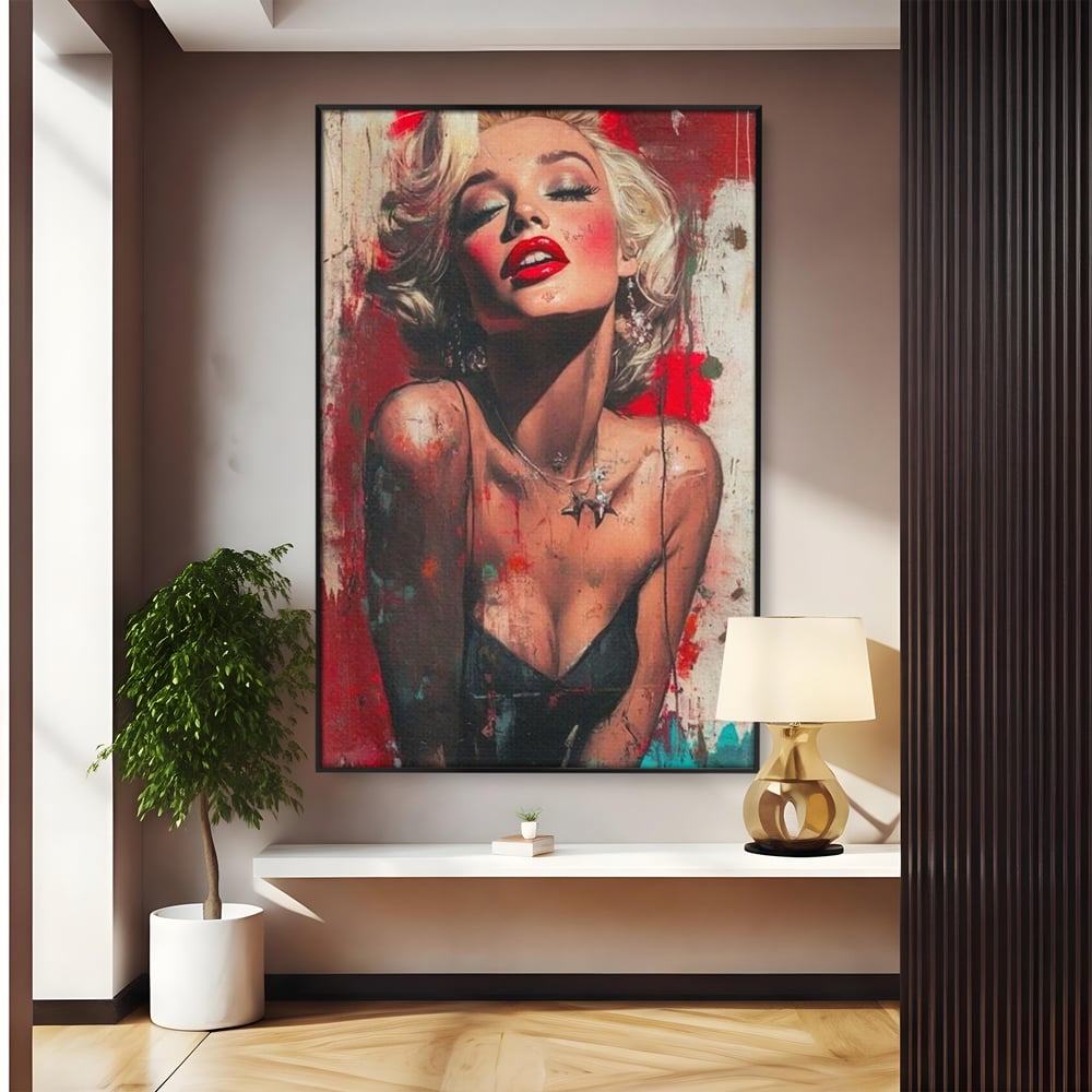 Tablou canvas cu tablou canvas cu portret pop art blonda buze rosii, in rama de aluminiu negru